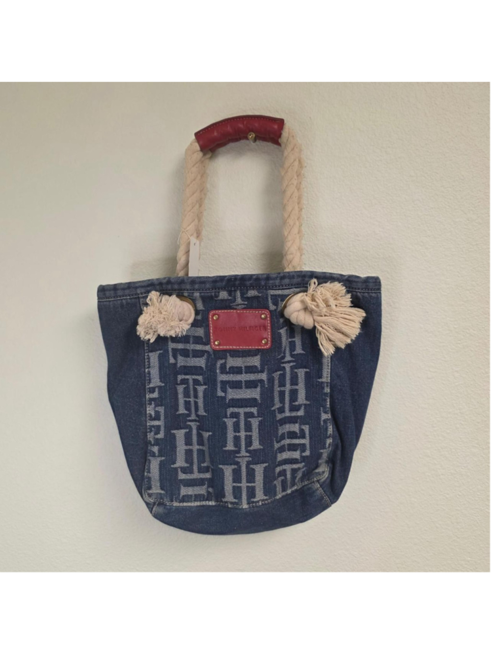 Tommy Hilfiger denim tote bag with repeating white monogram pattern #tote #monog
